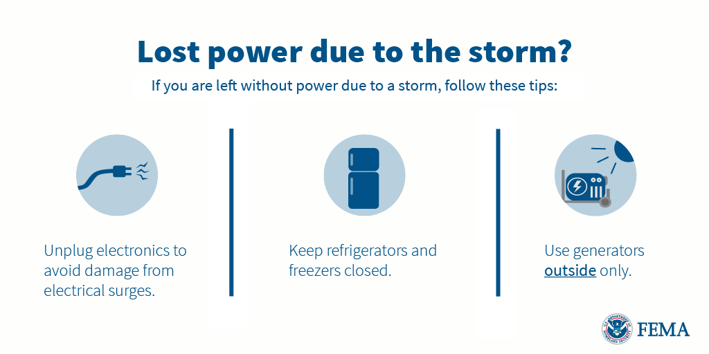 Readygov's tweet photo. Stay safe if you lost power due to winter weather:

✔️ Keep freezers and refrigerators closed.
✔️ Disconnect appliances and electronics. 
✔️ Use a generator, but ONLY outside and away from windows.
✔️ Don't use an oven to warm up your home.

https://t.co/xGiYRfN5oB https://t.co/5sjNhr3xXI