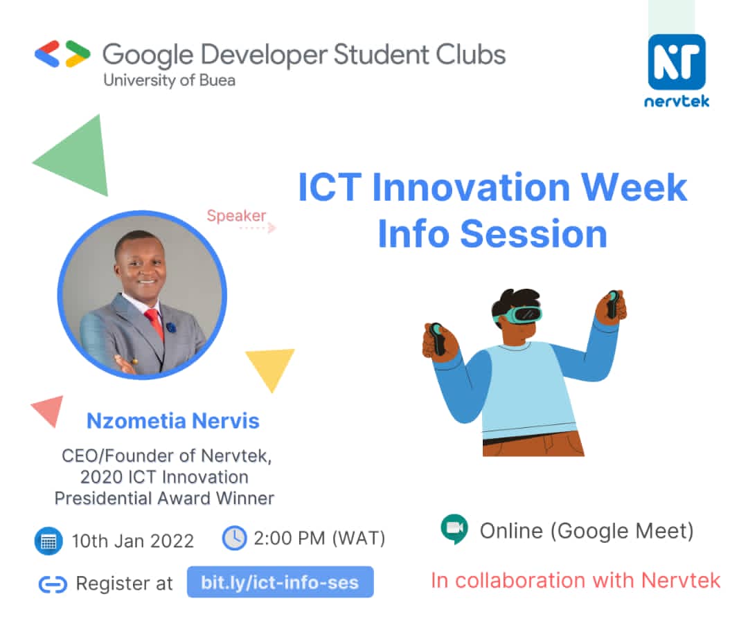 nervtek_cii's tweet image. Info Session: Cameroon ICT innovation Week
Ever Heard of the Cameroon ICT innovation week?
@nervtek_cii in collaboration with @gdsc_ubuea is organizing an info session dedicated to this.
Do not let the chance to participate and know better pass you by.
#nervtek #gdscbuea