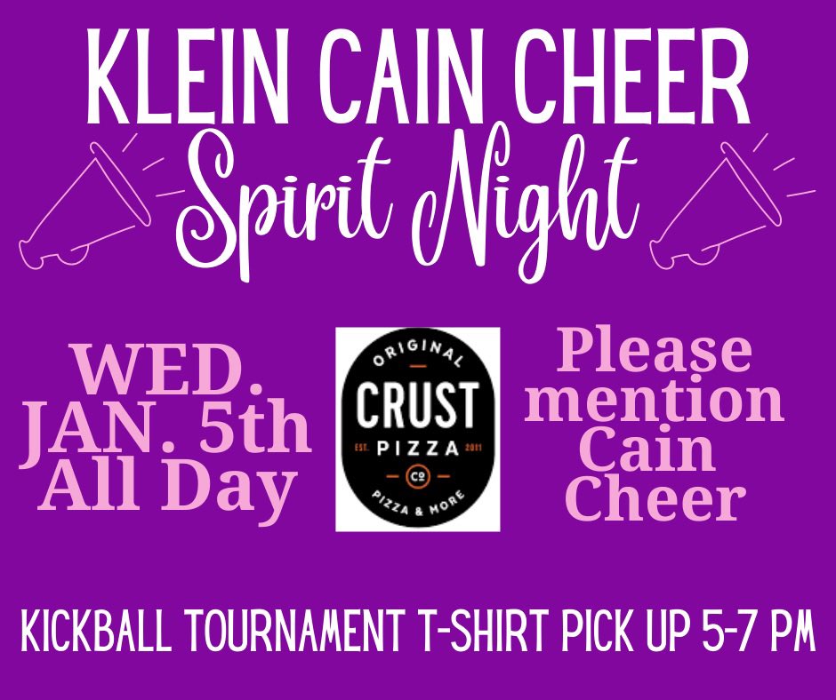 We would love your support! Stop by Crust Pizza Wednesday Jan 5th &amp; mention Klein Cain Cheer. 
Kickball t-shirt pick up will also be there from 5-7!