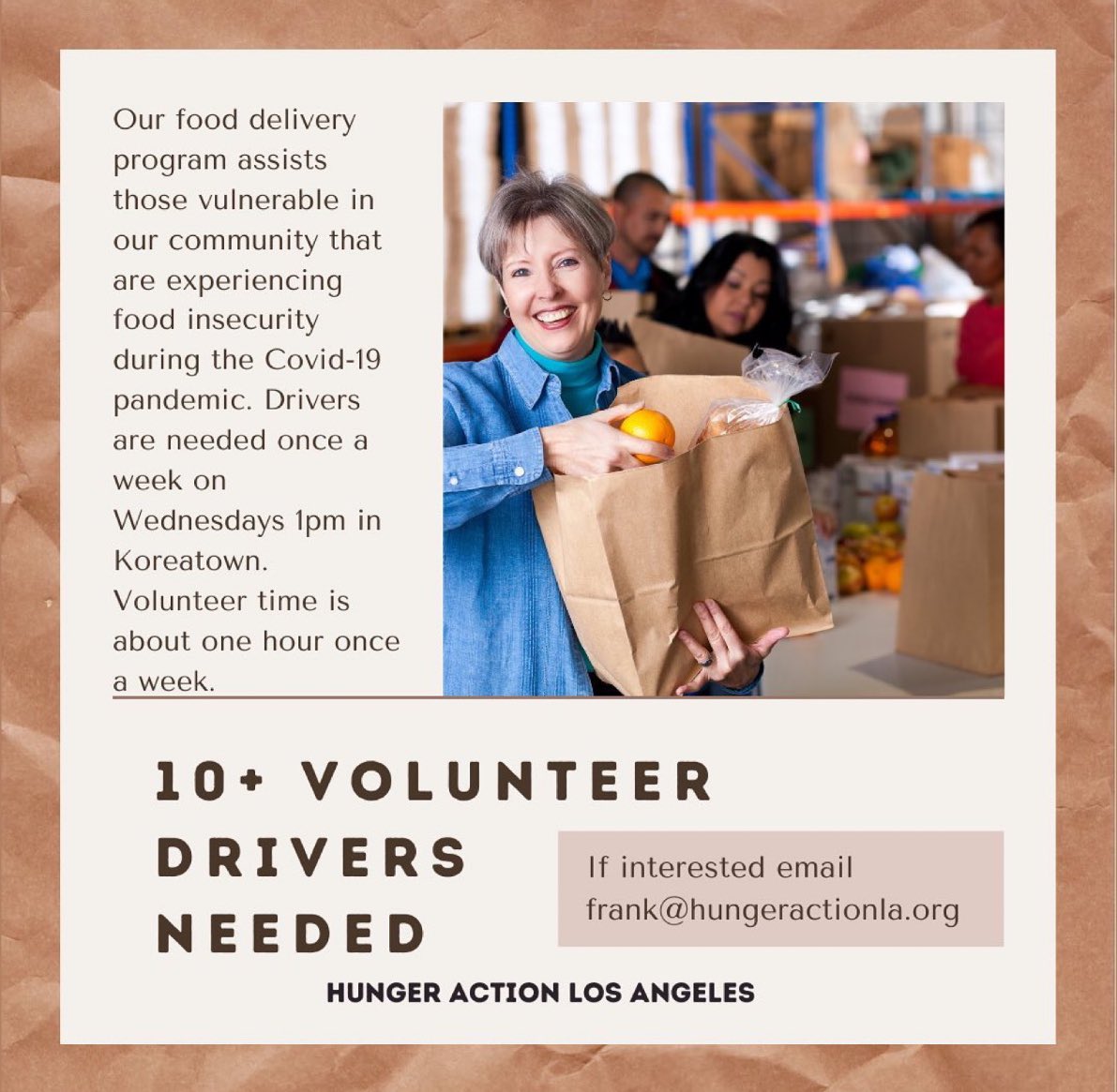Our friends <a href="/HungerActionLA/">Hunger Action LA</a> are looking for volunteer drivers for their food delivery program! Please contact Frank at frank@hungeractionla.org