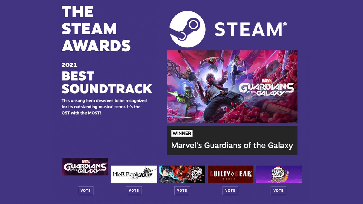 Marvel's Guardians Of The Galaxy <a href="/GOTGTheGame/">Marvel's Guardians of the Galaxy</a> wins Best Soundtrack at the 2021 <a href="/Steam/">Steam</a> Awards

store.steampowered.com/SteamAwards