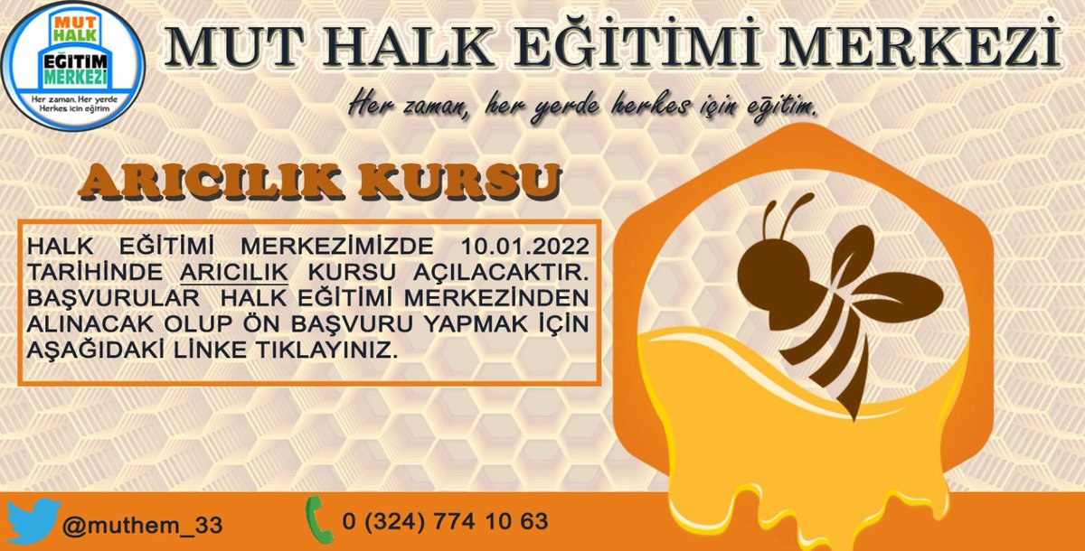 muthem_33's tweet photo. 📣10.01.2022 tarihinde açılacak olan “Arıcılık 🐝” kursumuza başvurmak için aşağıdaki linke tıklayınız.
👇👇👇👇
https://t.co/UjNLA9PjWQ 

@MersinMEM @Mersinhayatboyu @mut_mem @harungergin @ErdemMustapha @mdogukanb https://t.co/Ko2dKh4SpO