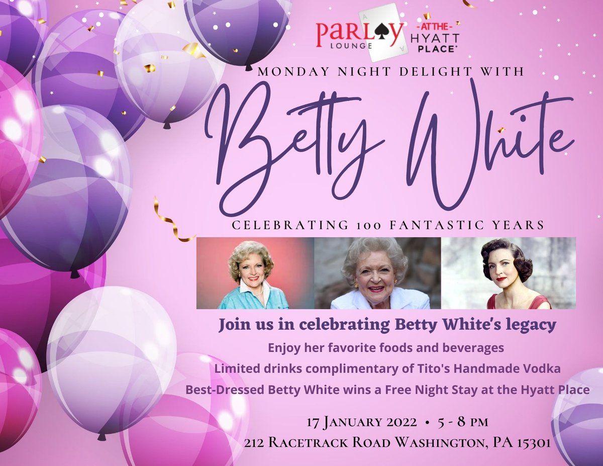 HyattPlacePS's tweet photo. Join us in celebrating the life and legacy of TV icon Betty White on January 17th, 2022!🥂 https://t.co/J98jXzC9TO