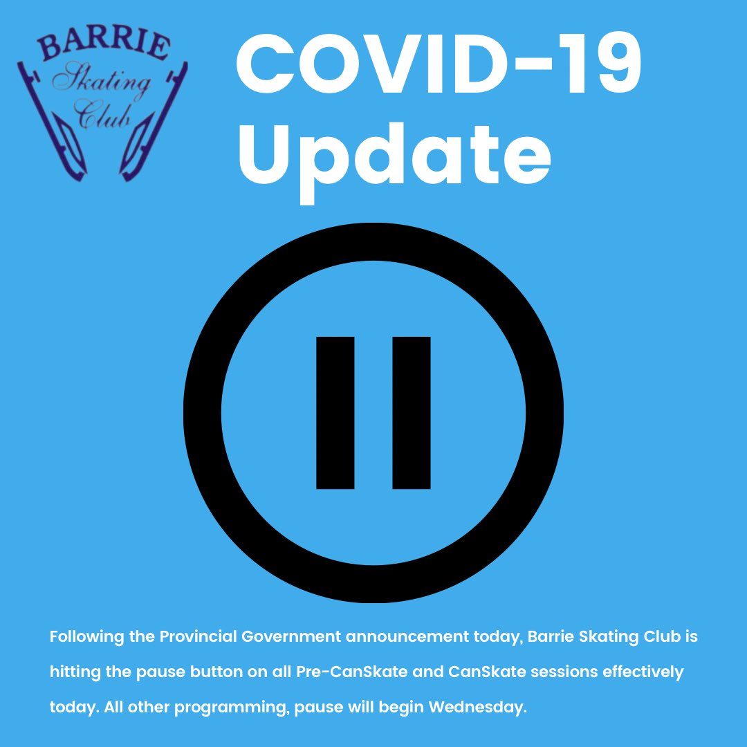 BSCSkating's tweet photo. New restrictions were announced today in regards to Covid-19.  Unfortunately, we have come to the decision to put All PRE-CANSKATE AND CANSKATE programs on pause effective immediately 😞

💫Junior, Senior, Power Skating, Junior Comp will run Today and Tuesday only. https://t.co/qpQfWOnODQ