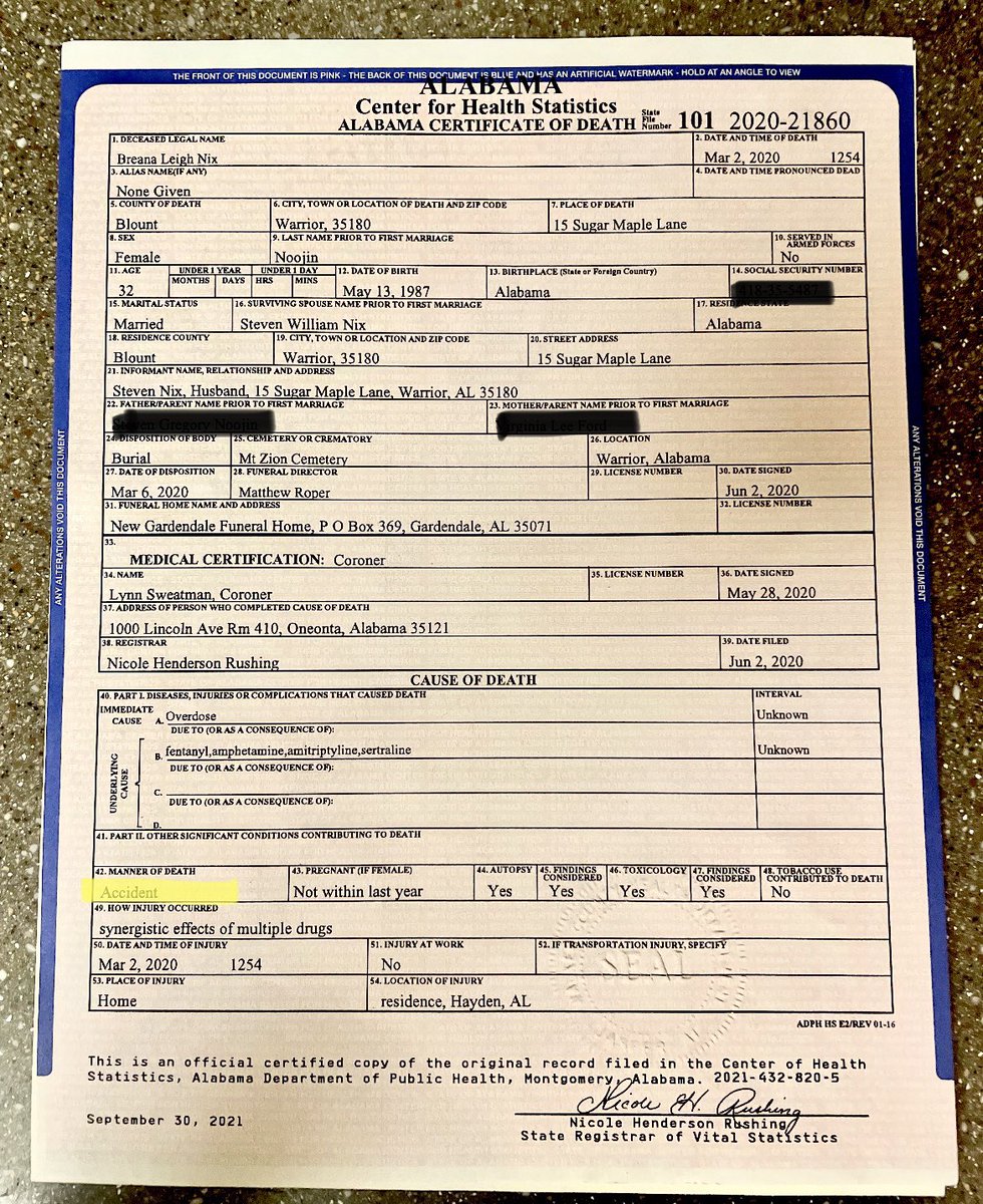 BreanaNoojinNix's tweet photo. COD-Accident. Why is the autopsy report not public??? What is there to hide from us? Why has the husband collected her life insurance? Close the case and give us the report 😡 https://t.co/2PRsaMtaKU
