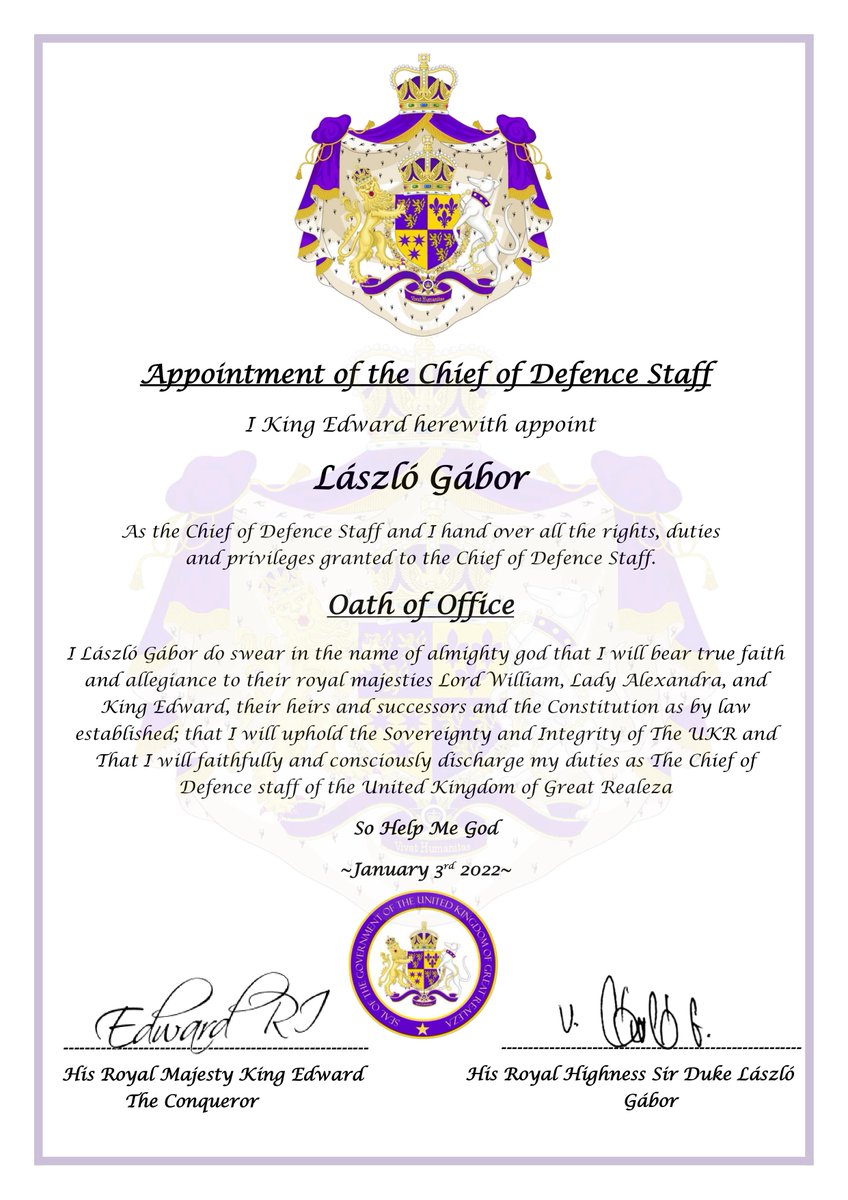 RealezaGov's tweet photo. @GaborSir is appointed as the First Chief of Defence Staff of The United Kingdom of Great Realeza. We wish him luck for the future, may he continue to prosper and flourish. #Micronations https://t.co/GTR2PUEnWO