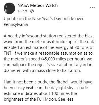 NWSPittsburgh's tweet image. Here is the final update on the New Year's Day meteor from NASA.