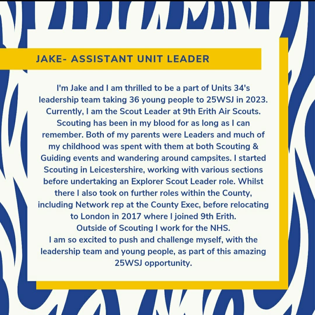 GLSE_WSJ's tweet photo. As we prepare to launch Unit 34, it's time to meet our amazing leaders! Drum roll please... 🥁🥁

Introducing Jake, our Assistant Unit Leader!

#25wsj #wsjkorea2023 #scouts #GLSE #ukcontingent #dreamwild https://t.co/Rh94TPsQIz