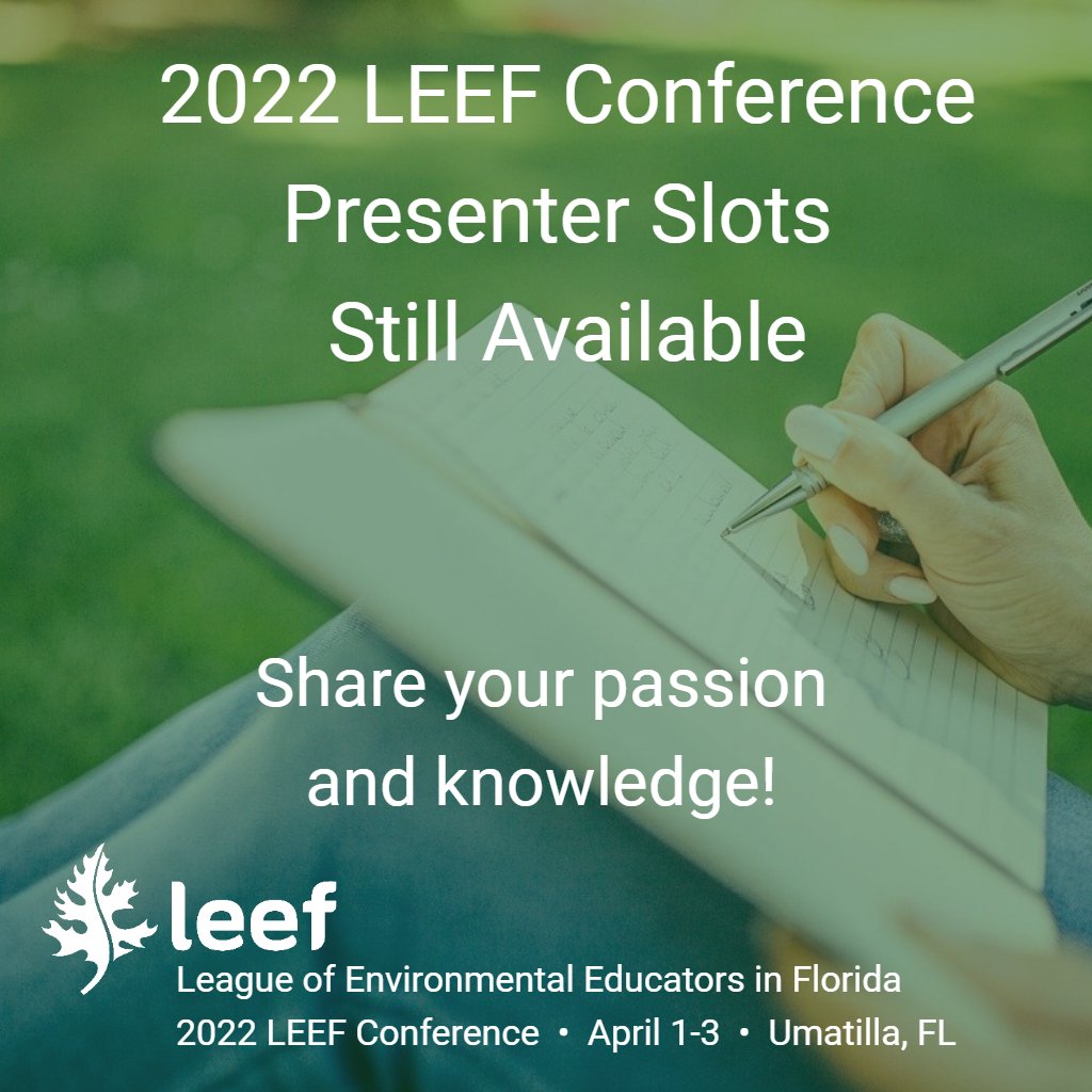 LEEF_Florida's tweet photo. #EnvironmentalEducators
Don't miss your opportunity!
โ๏ธSubmit an application to present at our upcoming 2022 LEEF Conference taking place on April 1-3, 2022 in Umatilla, FL. Presentation slots are still available, but hurry!
๐ https://t.co/f0zlBqsfMw
#2022LEEF #enviroeducators https://t.co/JFAebnRoaY