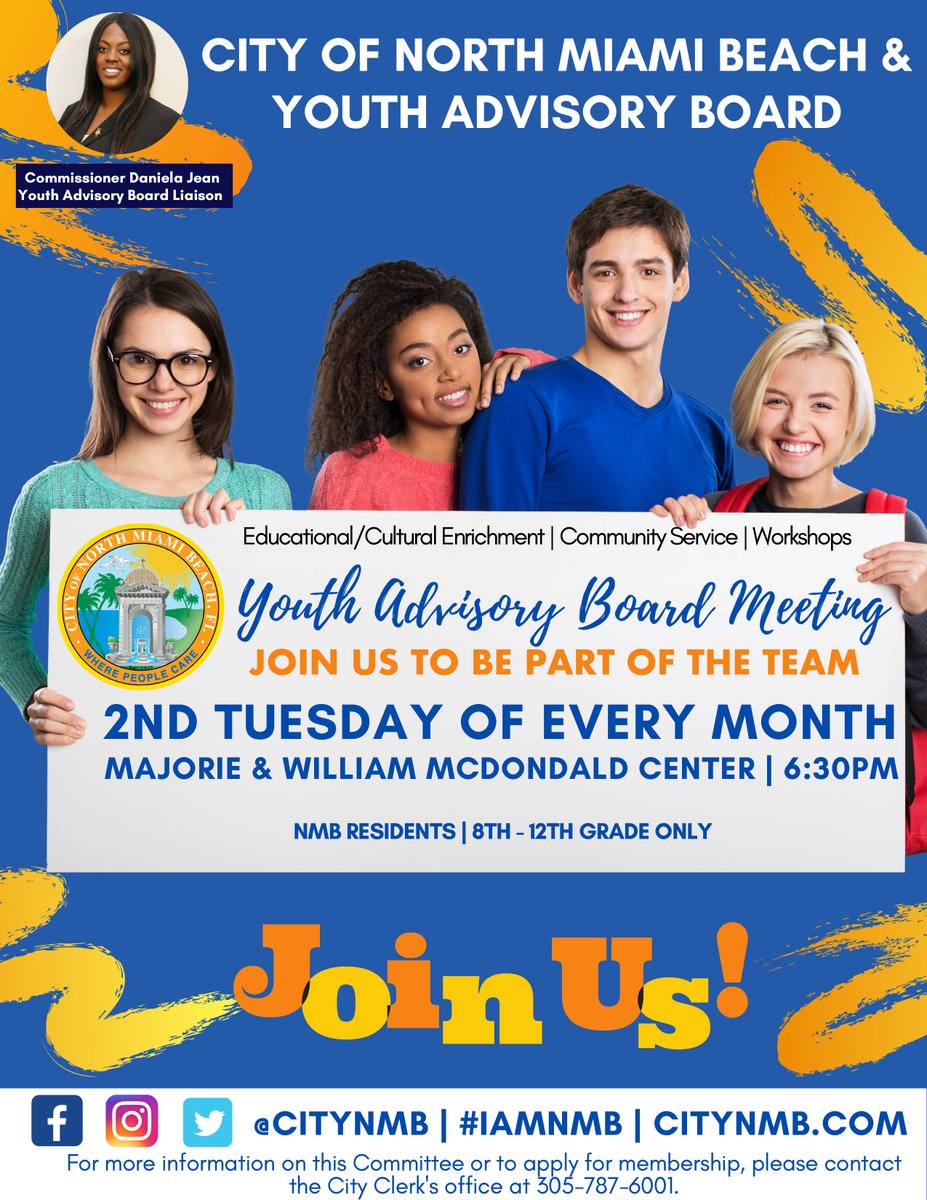 CityNMB's tweet photo. Are you a NMB teen looking to make a difference in this city? The NMB Youth Advisory Board is inviting all NMB student residents from 8th-12th grade to join our meetings held every 2nd Tuesday of the month. The meetings will be in the Marjorie &amp; William McDonald Center at 6:30pm. https://t.co/LPgeO5wDKZ
