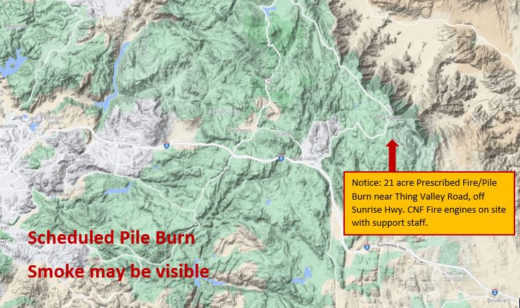 ClevelandNF's tweet image. Notice: A prescribed fire will occur starting today in the Mount Laguna area near Thing Valley Rd and Sunrise Hwy. We plan to burn 21 acres of piled vegetation throughout the week. Smoke may be visible from Sunrise Hwy and the I-8.