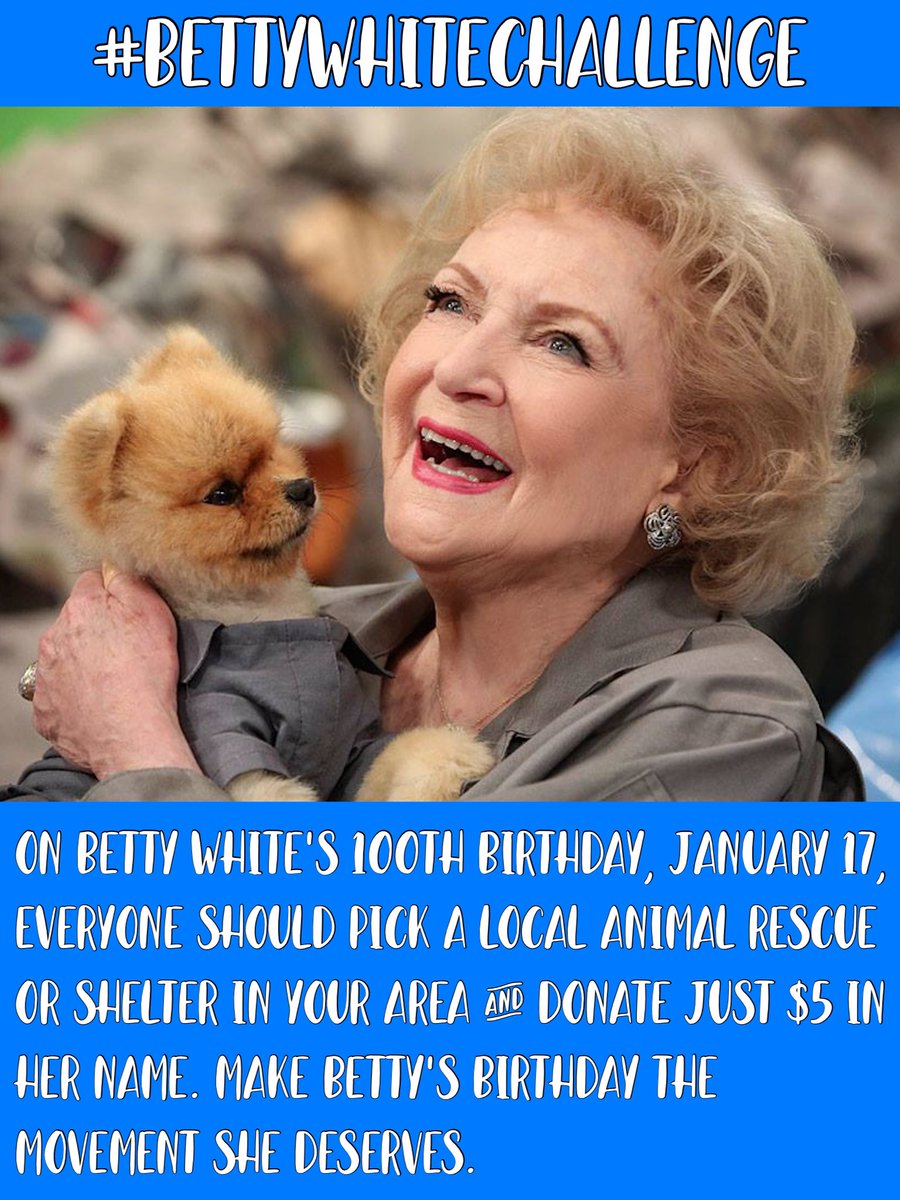 Nancy Sinatra (@nancysinatra) on Twitter photo Let’s do this for Betty. I have tagged a few of my local shelters/rescues. Feel free to reply with those in your area. Thank you for being a friend.
<a href="/PSAnimalShelter/">Palm Springs Animal Shelter</a> <a href="/amandafnd/">Amanda Foundation</a> <a href="/langefoundation/">Lange Foundation</a> @bettymwhite #BettyWhiteChallenge #BettyWhite Let’s do this for Betty. I have tagged a few of my local shelters/rescues. Feel free to reply with those in your area. Thank you for being a friend.
<a href="/PSAnimalShelter/">Palm Springs Animal Shelter</a> <a href="/amandafnd/">Amanda Foundation</a> <a href="/langefoundation/">Lange Foundation</a> @bettymwhite #BettyWhiteChallenge #BettyWhite