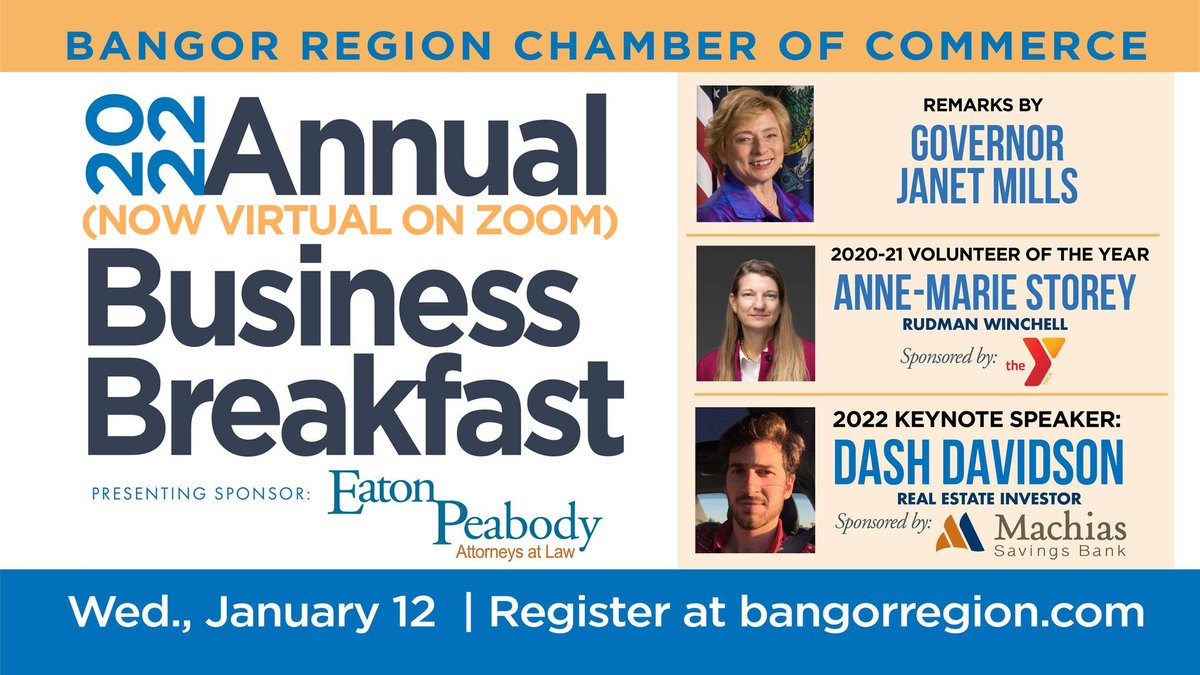 BangorChamber's tweet photo. The Bangor Region Chamber of Commerce has made the decision to hold our annual meeting, scheduled for January 12th as a virtual, rather than an in person event.  For more information and to register please visit https://t.co/2GMteQCBdu. https://t.co/CLY3BVZZTD