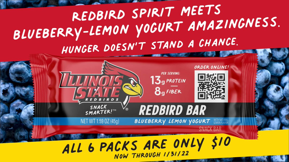 Dried blueberries, yogurt and lemon = winning combination to crush hunger in the yummiest of ways. Now through Jan. 31, 2022, all 6 packs are ONLY $10 at RedbirdBar.com. #snacksmarter #illinoisstate