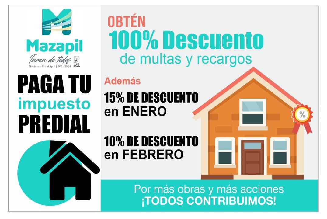 MarioMaciaszu's tweet photo. Paga tu impuesto predial y obtén grandes descuentos. #MazapilTareadeTodos @gob_mazapil2124 https://t.co/YHKksjMZUy