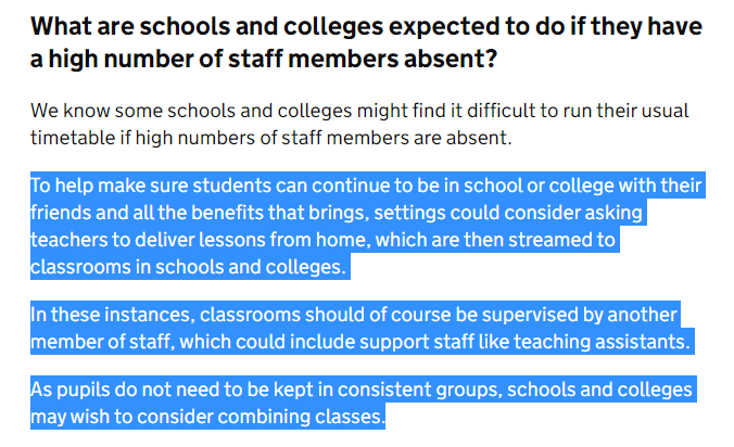 SeriousShortbrd's tweet photo. Just so I'm clear. @educationgovuk advise, when staff absences occur, the teacher works from home, ANOTHER member of staff is needed to monitor, classes are crammed in together in poorly ventilated spaces, who may be at different points in a SoW? CRAZY #SafeEdForAll https://t.co/sb4fVCaf67
