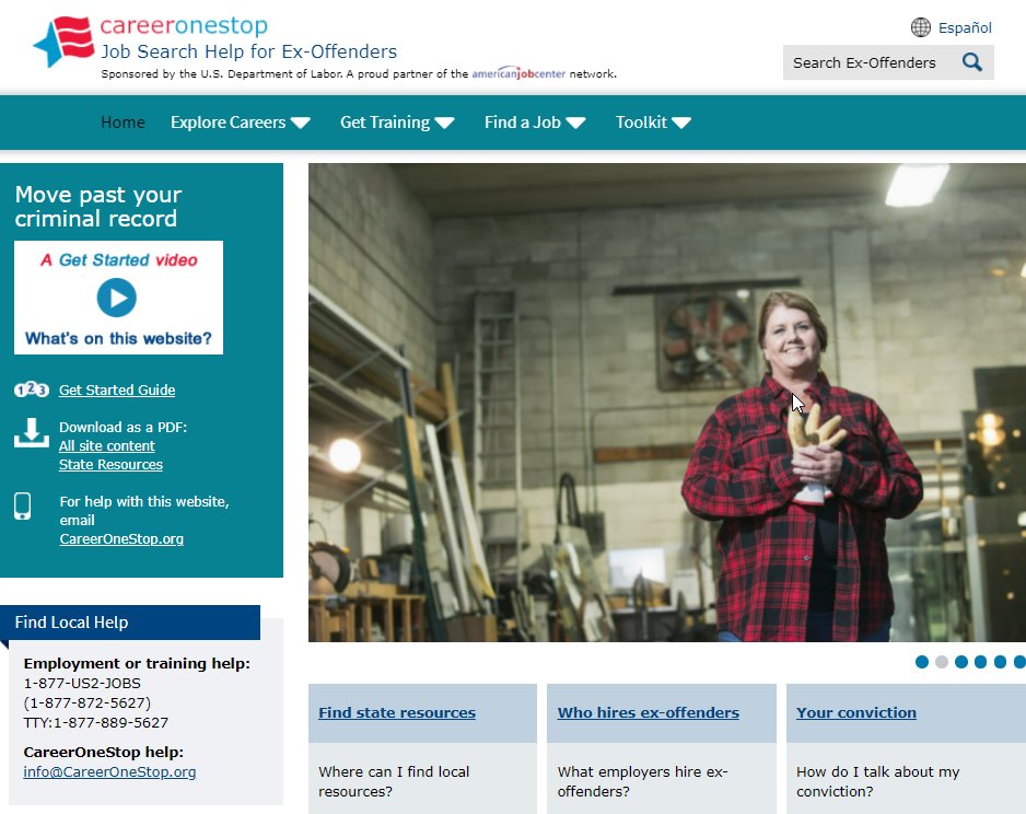 CareerOneStop's job search help website for ExOffenders