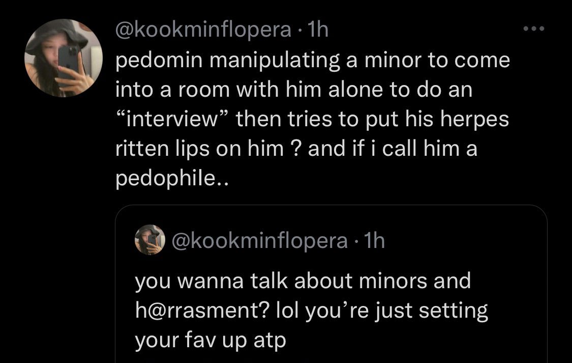 tw // sexual harassment, pedophilia

Mass Repport this anti and their abusive tweets under violent and hateful content and targeted h@rassment

📌x.com/kookminflopera