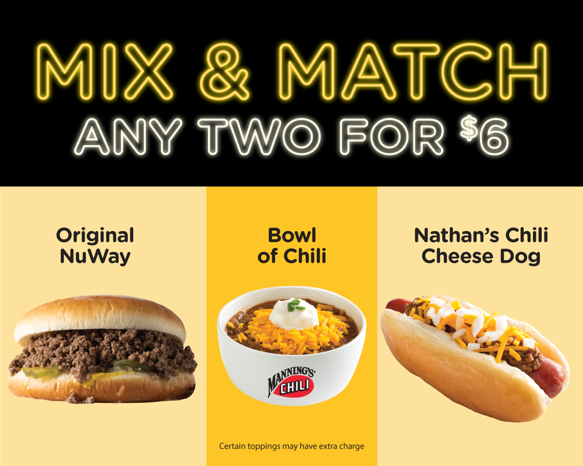 NuwayB's tweet photo. Kick off your week with some Mix &amp; Match at NuWay! Get 2 of your favorites for just $6! Choose from an Original NuWay, Bowl of Manning's Premium Chili or a Nathan's Chili Cheese Dog. https://t.co/KJMkI3cwcw