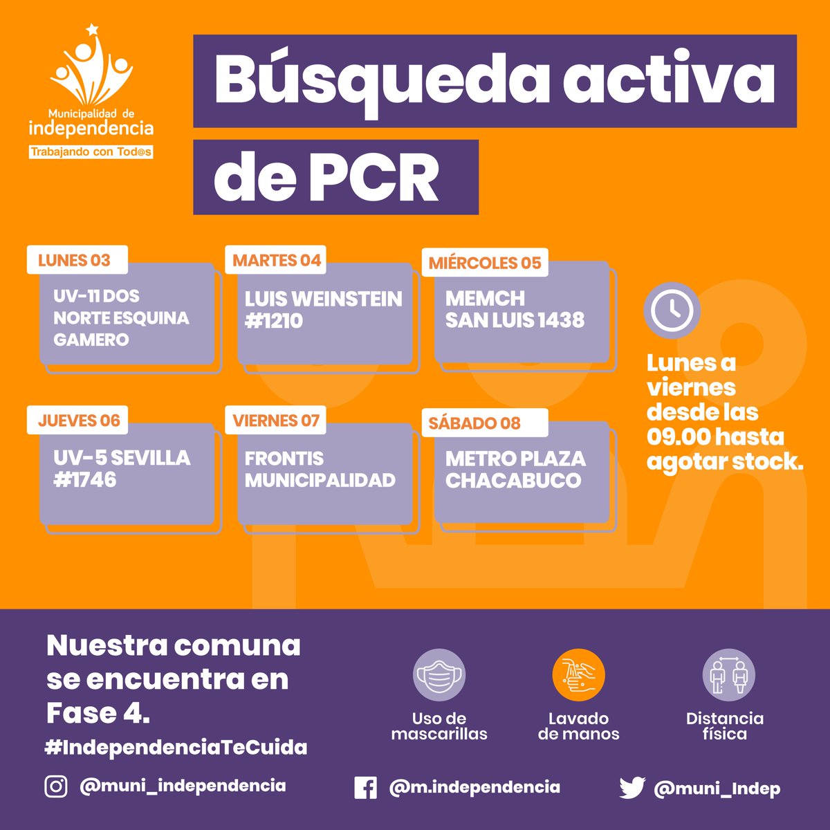 📅Calendario semanal
😷Búsqueda activa de PCR
⏰Lunes a viernes desde las 09.00 hasta agotar stock.
⏰Sábado desde las 10.30 hasta agotar stock.
#pandemia #independenciatecuida