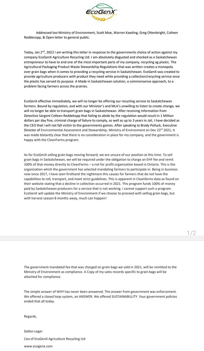 thegrainbagguy's tweet photo. Well folks. We tried! Here is our statement issued to public as well as govt. After picking up and recycling millions of lbs of #AgPlastic, effective immediately our #recycling service has come to an end for #grainbags. Not how I expected 2022 to kick off. Please read and RT. https://t.co/ZZTrDFJP70
