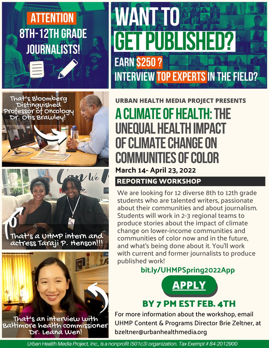 We’re excited to announce that applications for our 2022 spring workshop are open! If you’re a 8-12th grader with #journalism experience and are interested in telling stories of #climatechange and its unequal impact on communities of color, apply here: bit.ly/UHMPSpring2022…
