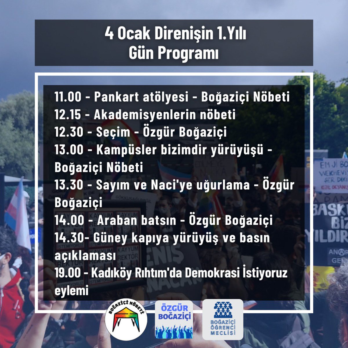 Boğaziçi Direnişi'ne emek veren ve dayanışmayı yüreğinde hisseden herkese selamlar! Direnişin 1. yılında Güney Meydan ve Kadıköy'de buluşuyoruz. 

4 Ocak Direnişin 1.Yılı Gün Programı

#Boğazici1YıldırDireniyor