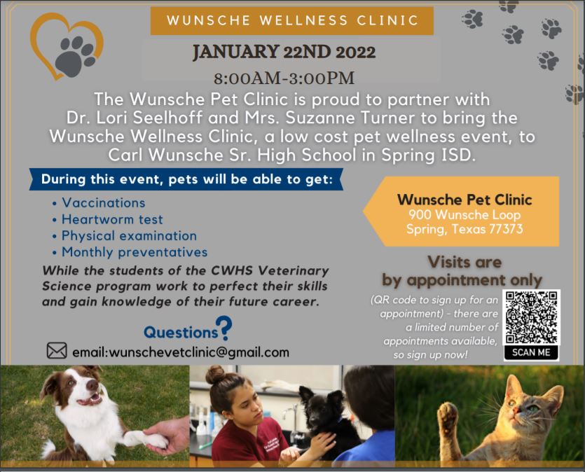 The Wunsche Wellness Clinic is a low cost vaccination/preventative clinic for the Spring area at Wunsche High School. This is first come first serve - follow the QR code on the flyer or the link below to reserve appointments! <a href="/SpringISD/">Spring ISD</a> <a href="/cwhs_springisd/">Carl Wunsche Sr. High School</a> #BelieveInSpring