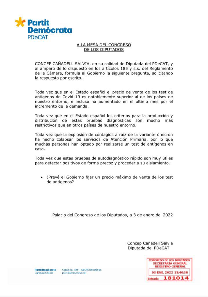 Des del <a href="/Pdemocratacat/">PDeCAT - Espai CiU</a> hem registrat avui preguntes parlamentàries al respecte dirigides a <a href="/sanidadgob/">Ministerio de Sanidad</a>

Els tests d’antígens s’han convertit en una eina fonamental per fer front a la pandèmia, i el govern espanyol ha de moure fitxa per facilitar-ne l’accés a tota la població.