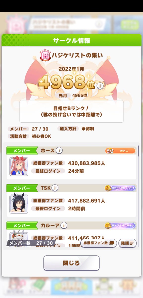 kuremnanoha's tweet photo. ウマ娘 サークルメンバー募集

・週に10回育成する程度のファン数稼ぎ
・靴投げ(中距離)
・一応ここ数ヵ月はB～B+にはなってます

興味持っていただけましたらリプにて現在のファン数が確認できる画面を添付して連絡ください。
#ウマ娘サークルメンバー募集 
#ウマ娘サークル募集 https://t.co/EDLYVTWh1g