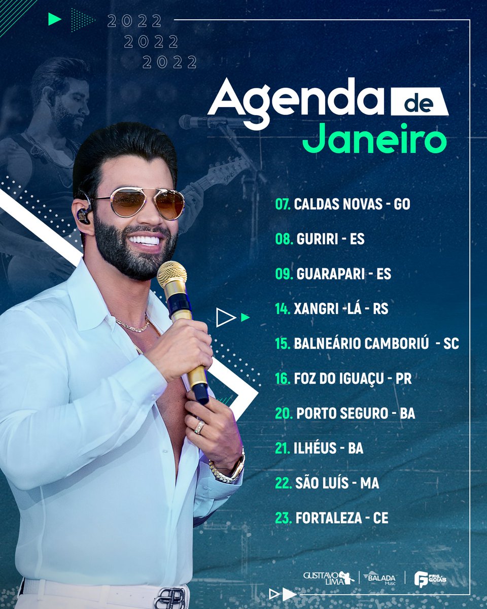 gusttavo_lima's tweet photo. Começamos 2022, com a agenda pronta!! Dois já foram, 01/01 Buteco Maceió e 02/01 Tibau do Sul - RN. Quem esteve lá? Alô Caldas Novas, tô chegando bb!! #AgendaDoEmbaixador https://t.co/IYocFeaCBz