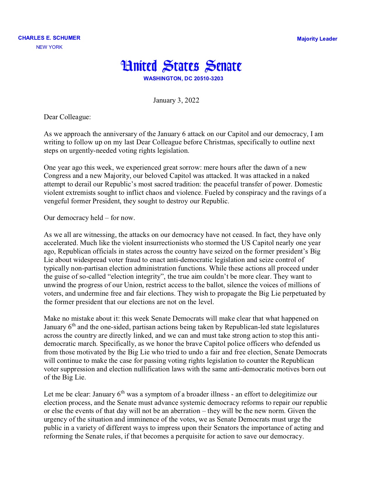 Page 1 of the letter from Majority Leader Chuck Schumer to the Senate Democratic Caucus outlining the next steps in the Senate on voting rights legislation, January 3, 2022.