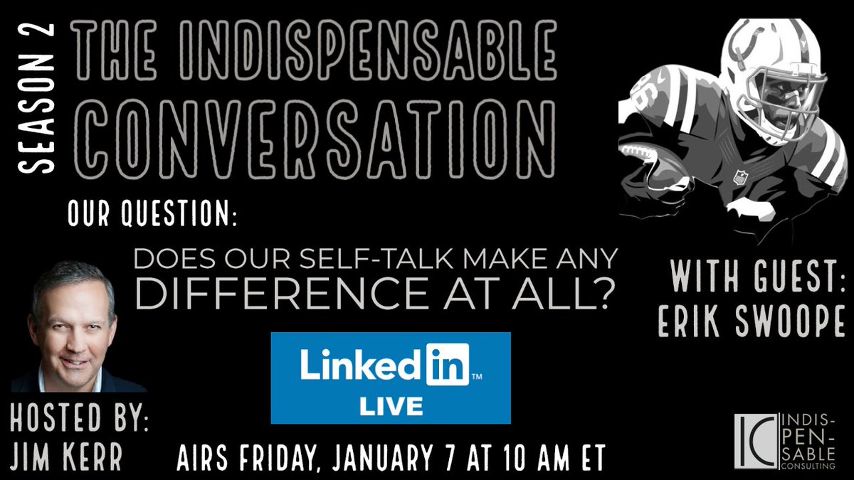 Does our self-talk make any difference at all?
I explore this on Friday with my guest Erik Swoope, 
who spent 4 years playing Tight End for the Colts and rounded-out his NFL career w/ stints at the Raiders &amp; 49ers. Tune-in! 
linkedin.com/posts/jmkerr1_…
<a href="/swooperstar86/">Erik Swoope</a> #leadership -RT