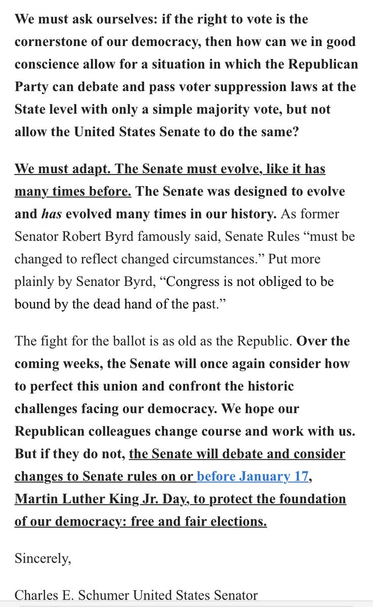 LACaldwellDC's tweet photo. .⁦@SenSchumer⁩ in a new letter to colleagues appears very ready to change Senate rules this month for voting fights https://t.co/oEbCuaUHup