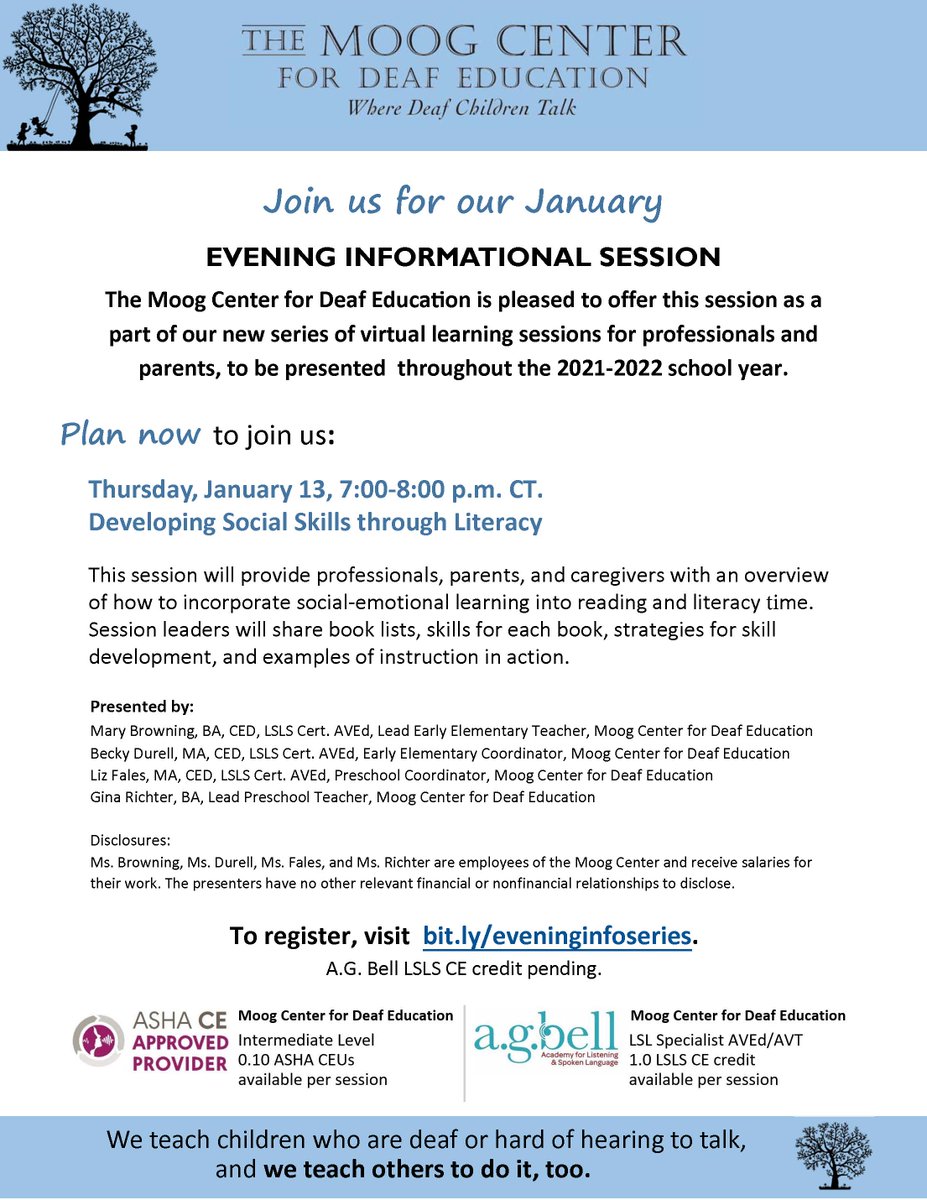 Join us on January 13 for our 1-hour virtual learning session, "Developing Social Skills through Literacy." The session will focus on incorporating social-emotional learning into reading and literacy time. 
Claim your spot: bit.ly/eveninginfoser…
#ASHA and #LSLS CEUs available.