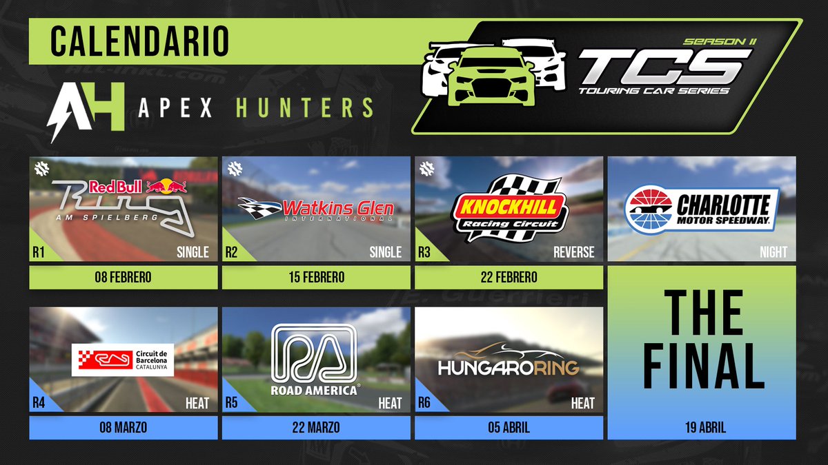 🏆 INSCRIPCIONES ABIERTAS 🏆

Vuelve la segunda edición del #TCSERIES con los nuevos TCR, cargada de novedades!.

Reglamento: docs.google.com/document/d/1b-…

Inscripción:forms.gle/e97Di72ji9uf7w…

PREQUALY: 25 ENERO
Calendario: 👇