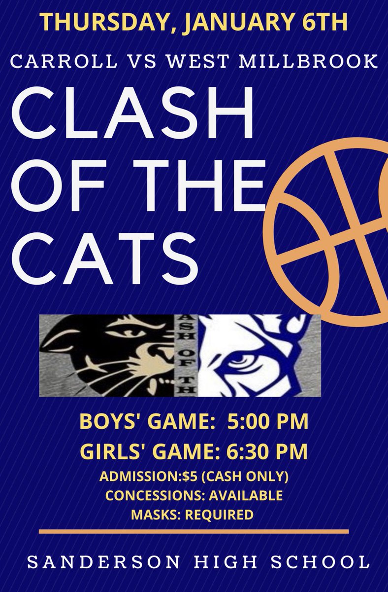 AESTIGERSPE's tweet photo. Happy New Year to all of our @CMMSCougars! 🥳🥳🥳🥳

SPORTS ARE BACK! 🏀🖤

Thank you @SandersonHoops for hosting‼️

🏀: Game
🆚: West Millbrook 
📍: Sanderson 
📅: Thurs 1/6
⏰: 5:00 pm (Boys play 1st)
🎟: $5 
😷: Required https://t.co/1C8AZeSJOv