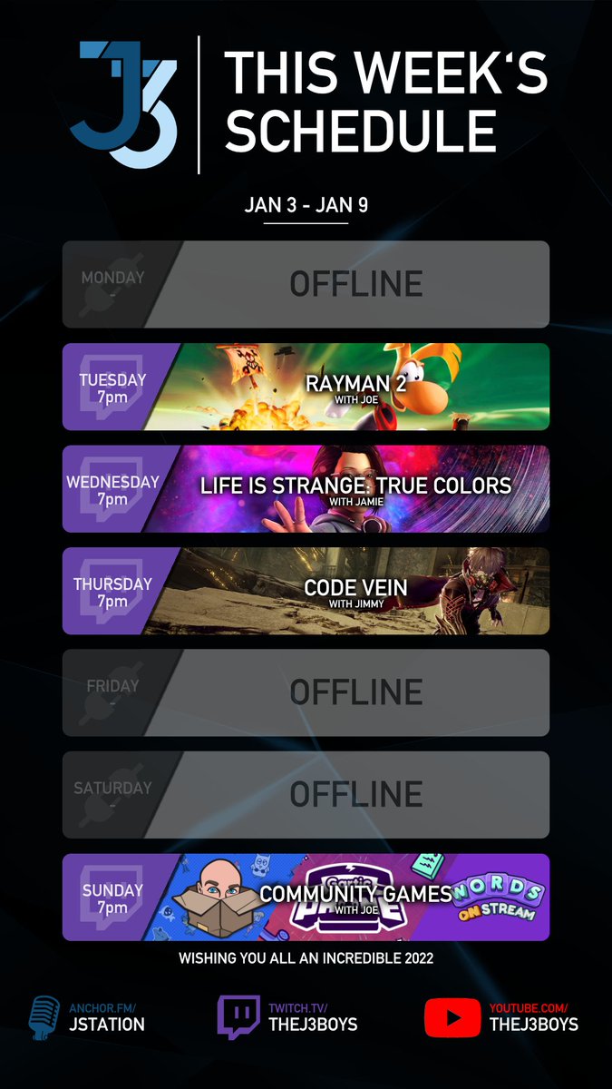TheJ3Boys's tweet photo. 🗓️ SCHEDULE 🗓️

We're back, baby! Wishing you all an exciting and properous 2022, from all three of us!💙

If you're looking to check out some new streamers this year, give us a try!
👉 https://t.co/vNIwexyYXf

#twitch #streamers #happynewyear https://t.co/mjtcIhore1