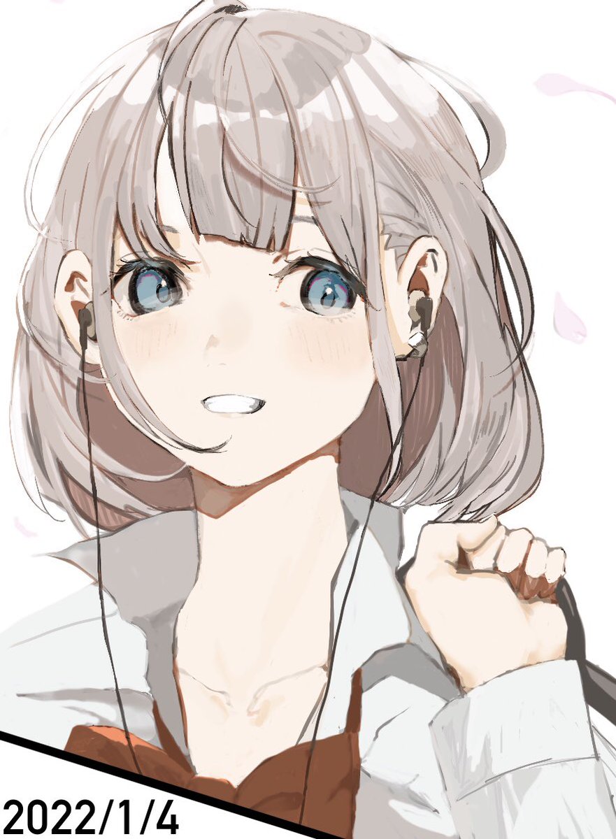 1girl solo earphones smile shirt white background grey hair  illustration images