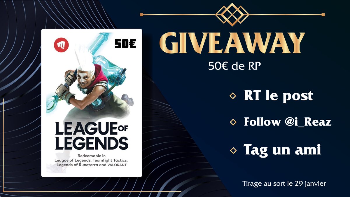 i_reaz's tweet photo. 🎁 Pour fêter le début de la Saison 12 et que vous soyez stylés sur la faille je vous offre 50€ de RP ! 

Pour participer :
❤️Follow @i_reaz 
🔁Like et RT ce post 
🤡Tag un(e) ami(e) qui va finir sa saison Bronze 

Si tu veux suivre mes aventures : https://t.co/uX62H8huMt https://t.co/jVN6VkxjWc