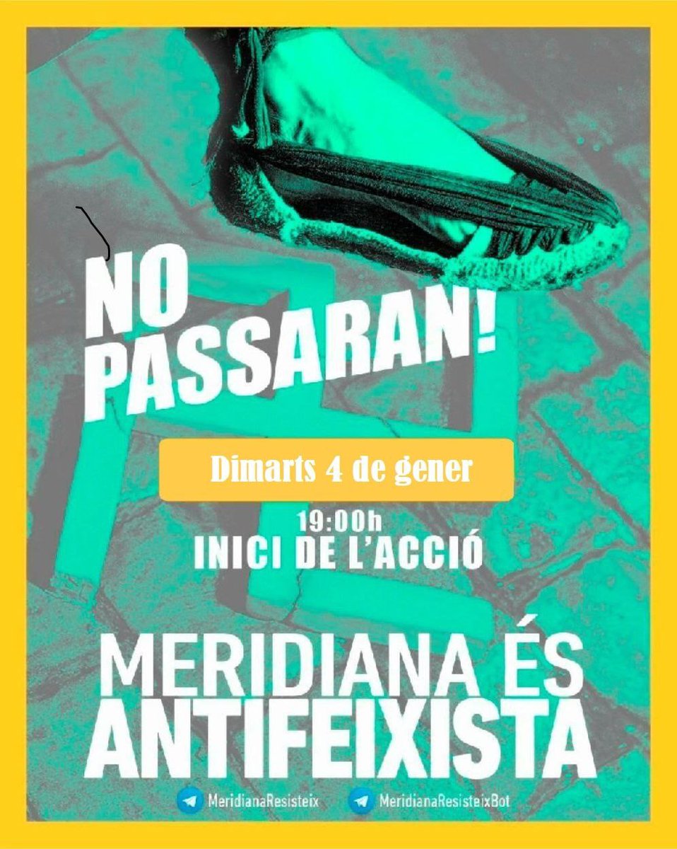 🚨❗️📢 Meridianes! Activem Alerta Ultra demà 04/01/2022.
Tindrem visita feixista d'un grupuscle recolzat per l'extrema dreta del Parlament de Catalunya  i de l'Ajuntament de Barcelona i que ens diuen moltes bajanades i barrabassades per megafonia. 
Vine a donar-nos suport! 🚨❗️✊