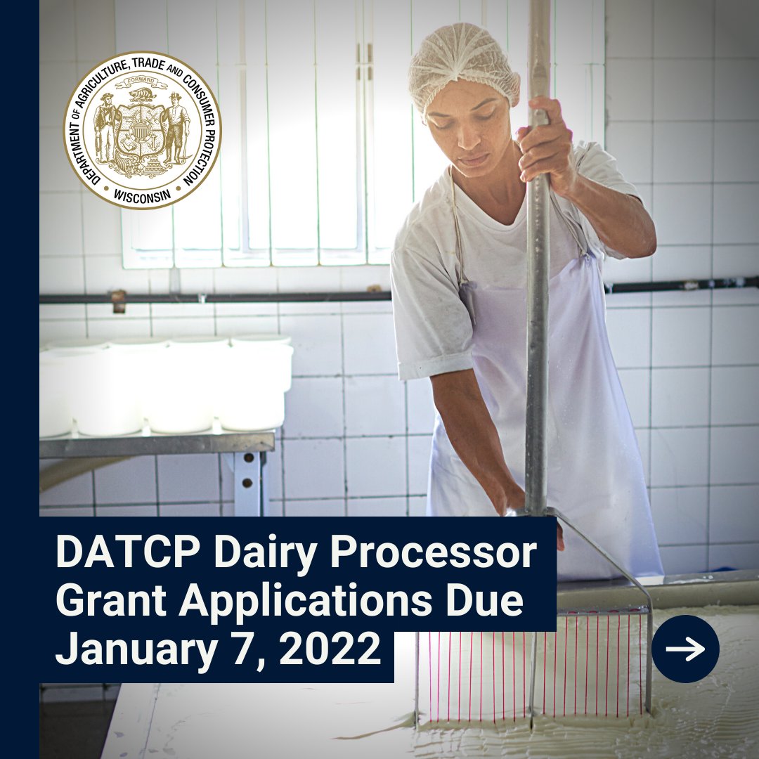 WDatcp's tweet photo. REMINDER: DATCP Dairy Processor Grant applications are due January 7, 2022! 
Find the RFP and application materials here ➡ https://t.co/GcyAkExokb
#wisconsindairy #wisconsindairyprocessors #dairyprocessors #wisconsin #dairy #wisconsincheese https://t.co/MtORS1SHXo