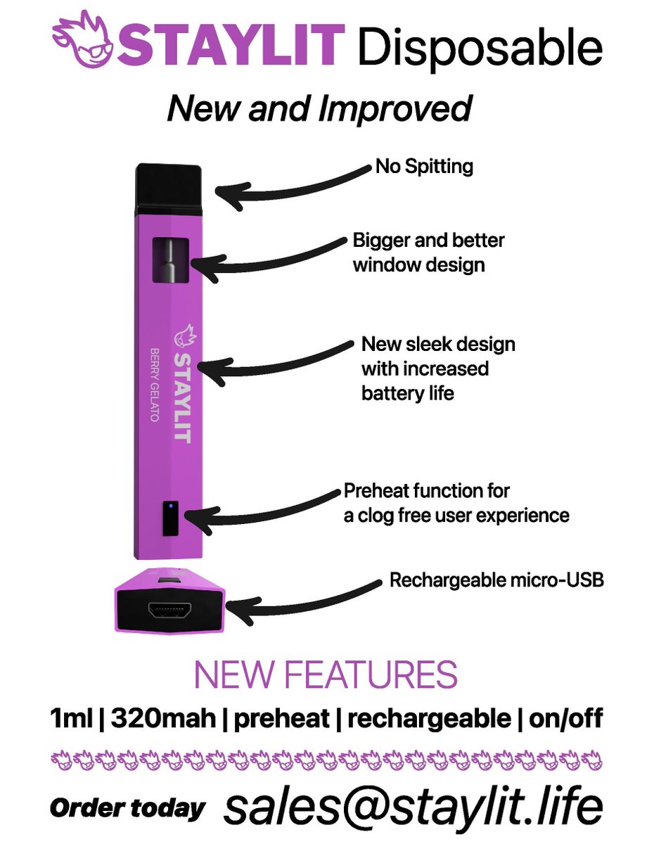 Staylit_life's tweet photo. NEW &amp; IMPROVED!! Check out our new StayLit disposable devices!! With a better hit, battery, and no clogging design thanks to the preheat function!
Order now at https://t.co/3KnARLpMtM! 🔥 #staylit #litbar https://t.co/jRJfyg8qyx