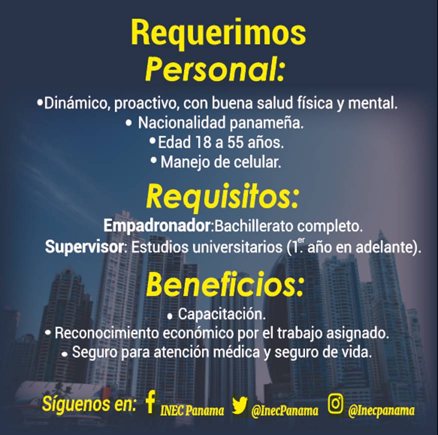 Visita nuestra página web inec.gob.pa y llena el formulario de inscripción. Sé parte del equipo para los próximos Censos Nacionales.

Enlace directo:
censospanama.pa/inscripcion/in…

#EsOficialLoDiceElINEC #INECPanamá #ContraloríaPanamá #CensosPanamá