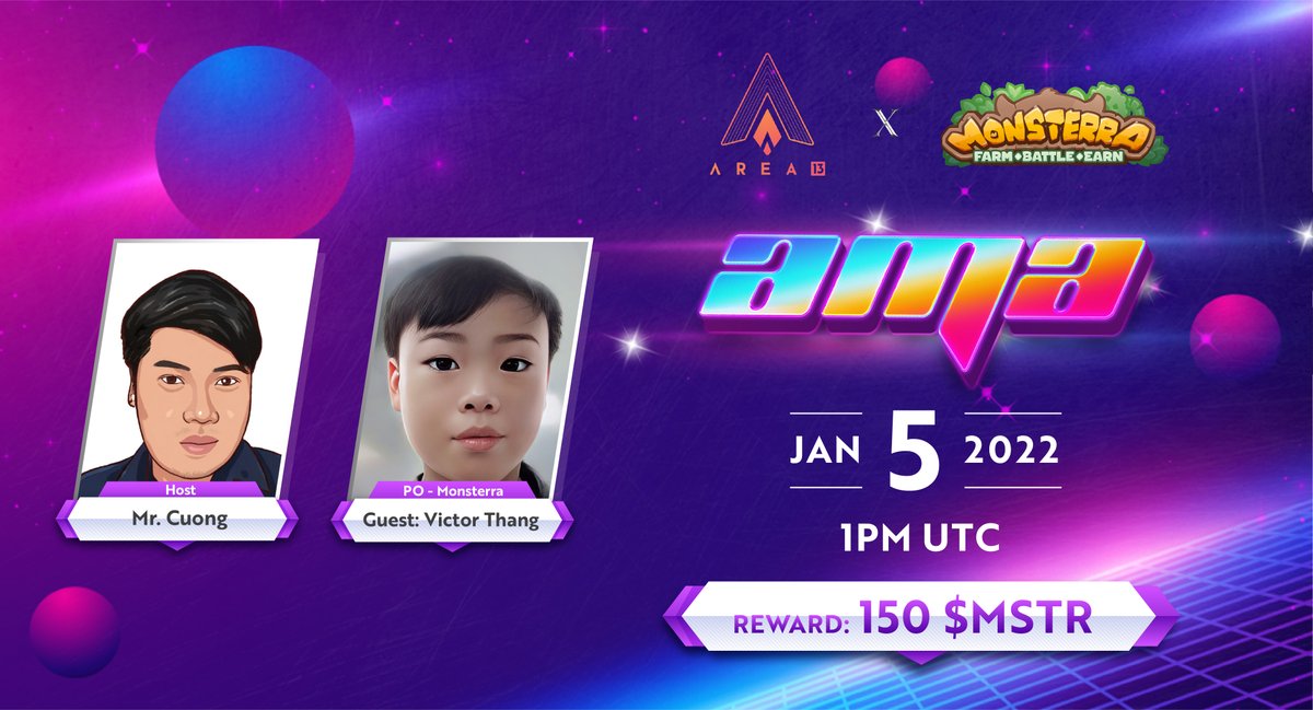 Dear Vietnamese fellows, we will host an AMA with <a href="/Monsterra_P2E/">Monsterra Game | Solana Soon</a> 
⏰Time: 1 PM UTC | 8 PM VNT, 05 Jan 2021
🏠Venue: t.me/Area13_Communi…
🏆Reward: 150 $MSTR for 5 questions

Rules:
👉Join our telegrams.
👉Follow <a href="/Monsterra_P2E/">Monsterra Game | Solana Soon</a> 
👉Like &amp; retweet this post
👉Comment a questions