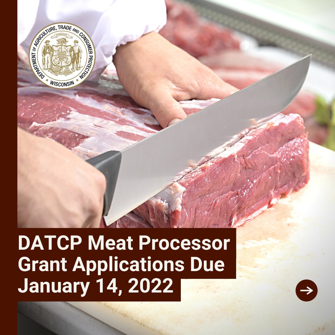 WDatcp's tweet photo. REMINDER: DATCP Meat Processor Grant applications are due January 14!
Applications are available here ➡️ https://t.co/LjYd7ucDAL
#wisconsinmeat #meatprocessors #wisconsin #datcp #grantopportunity https://t.co/eGhByar6ts