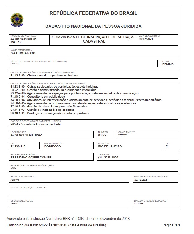 MeuBotafogo's tweet photo. AGORA É OFICIAL!

A SAF Botafogo foi criada. Novo CNPJ já aparece no site da Receita Federal. https://t.co/C71CaGCvjI