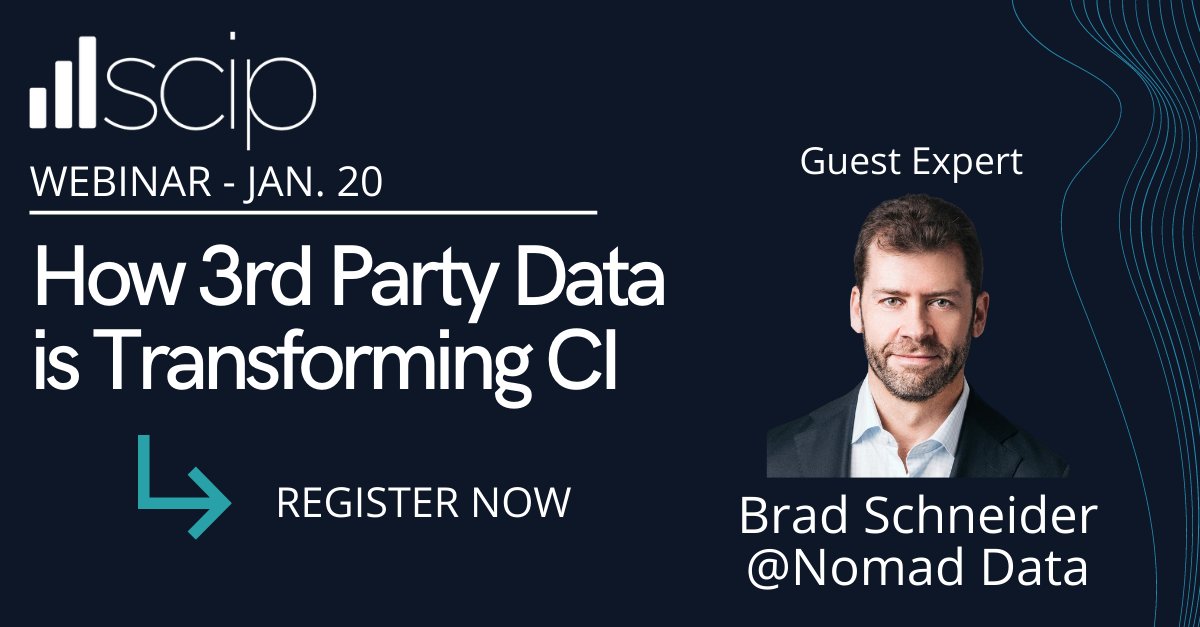 SCIP's tweet photo. Understanding the volumes of new data available is a competitive edge. Our Jan. 20 webinar w/ @NomadData provides tips on where &amp; how to source quality, credible 3rd party data https://t.co/xKnO2Euqu1 #competitiveintelligence https://t.co/fRSOsIQRtI