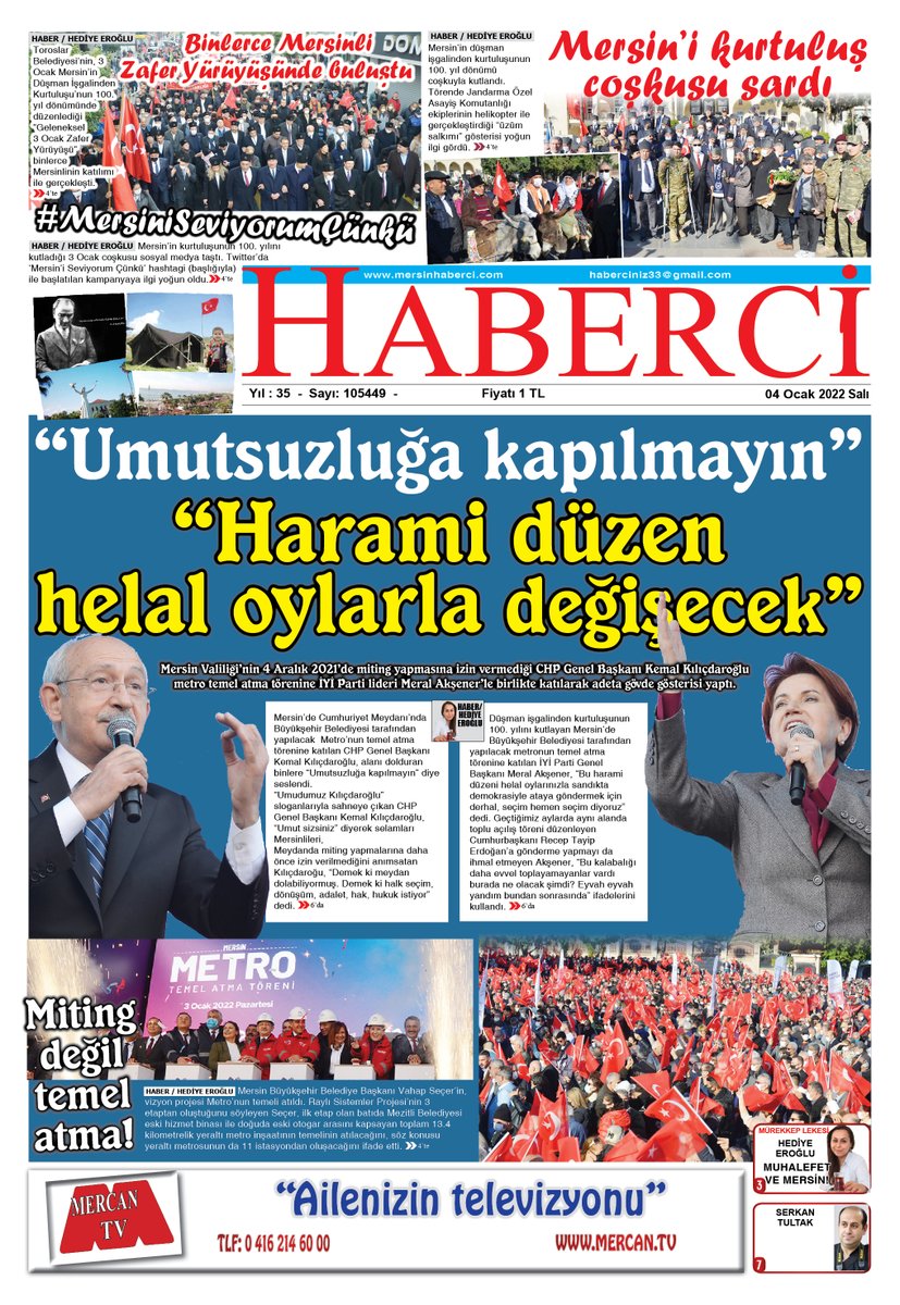 mersinhabercig's tweet photo. YEREL GAZETE OKU ŞEHRİNDEN HABERDAR OL, MERCAN TV İZLE SESİN DUYULSUN.
#Mersin #HaberciGazetesi https://t.co/tTVZKUizWS