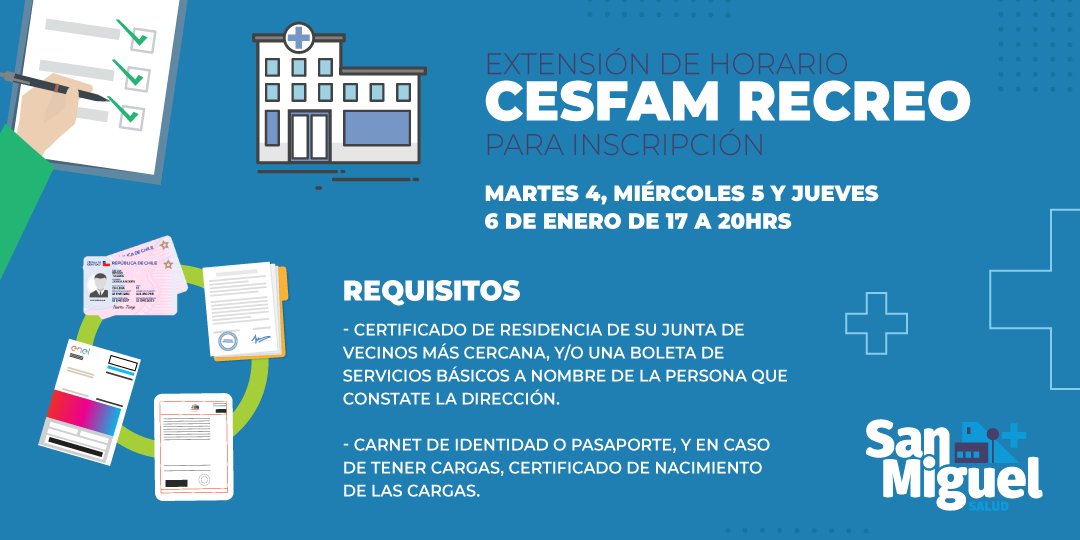 corposanmiguel's tweet photo. ATENCIÓN SANMIGUELINAS Y SANMIGUELINOS! 📢

Este martes, miércoles y jueves el CESFAM Recreo extiende su horario para inscribir a las y los vecinos que pertenecen a Fonasa y deseen recibir atención en este Centro de Salud Familiar.
Conoce los requisitos aquí👇
#SanMiguelChile https://t.co/hp13exJqMV